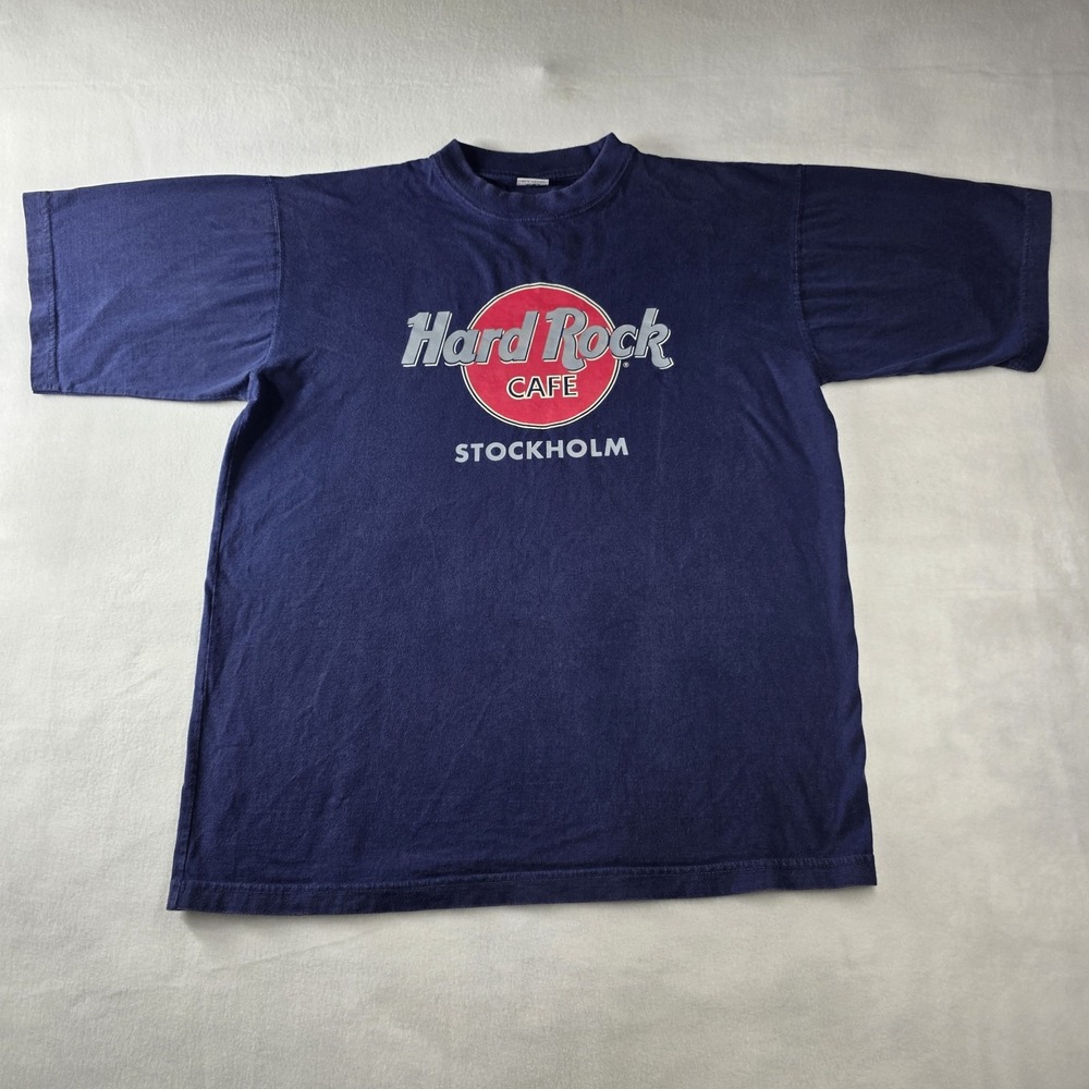 Vintage Men's Women's Hard Rock Cafe T-Shirt Sz Large Navy Blue STOCKHOLM